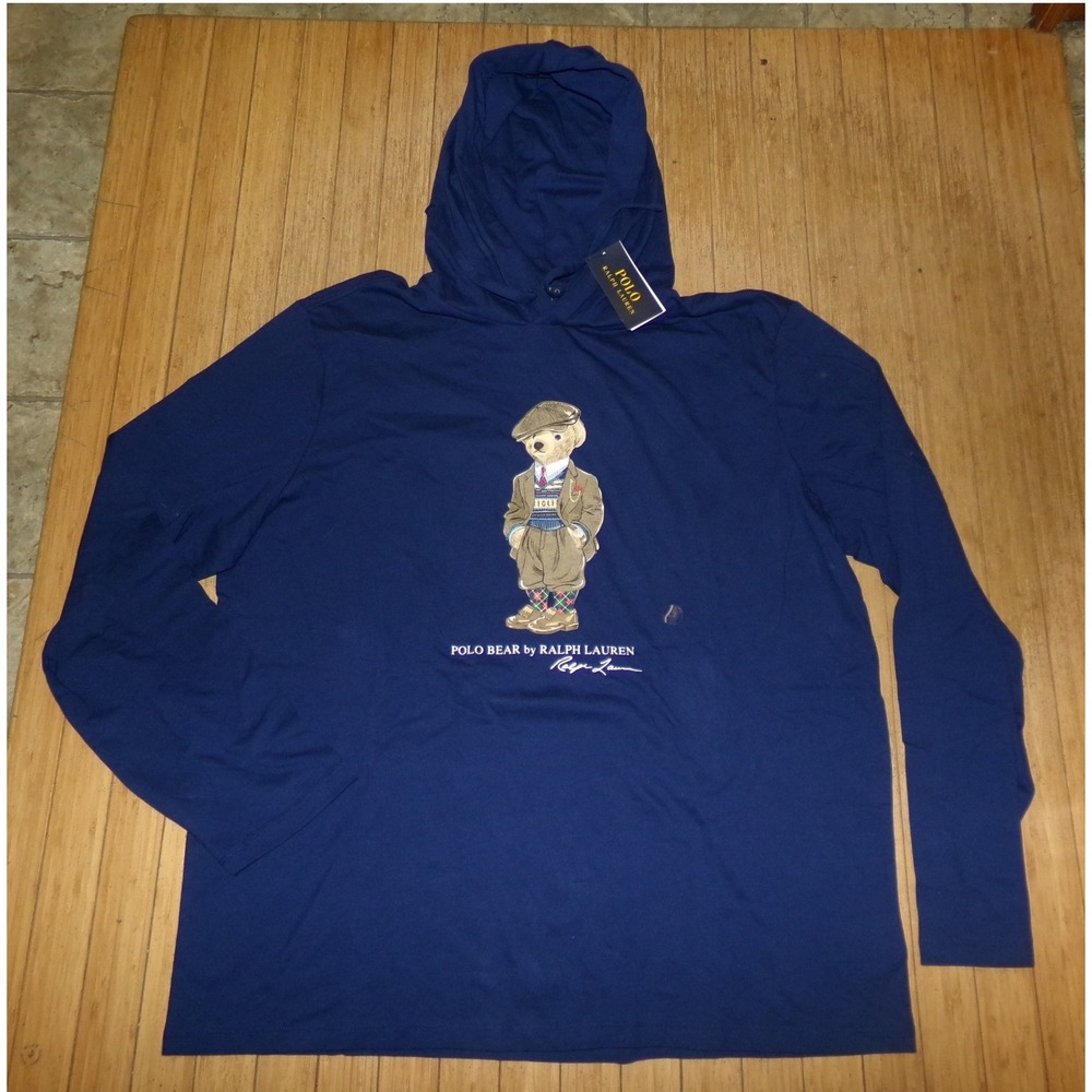 Polo Ralph Lauren Mens XL Polo Bear Hooded T-Shirt Navy Blue Long Sleeve NWT